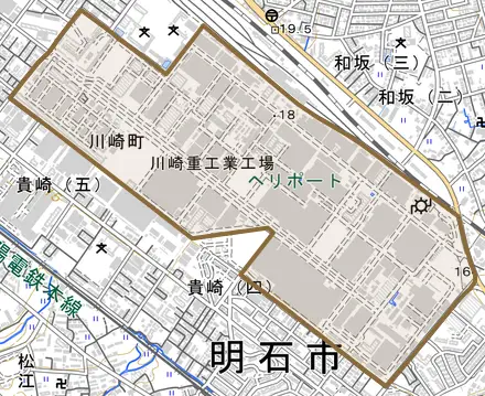川崎町とその周辺の地図。町の範囲を重ねている