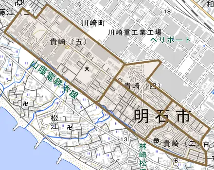 貴崎とその周辺の地図。町の範囲を重ねている