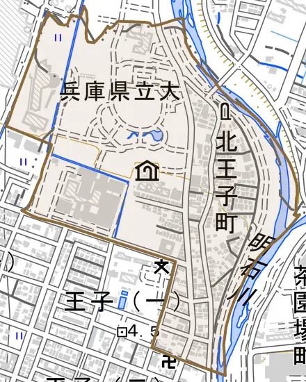 北王子町とその周辺の地図。町の範囲を重ねている
