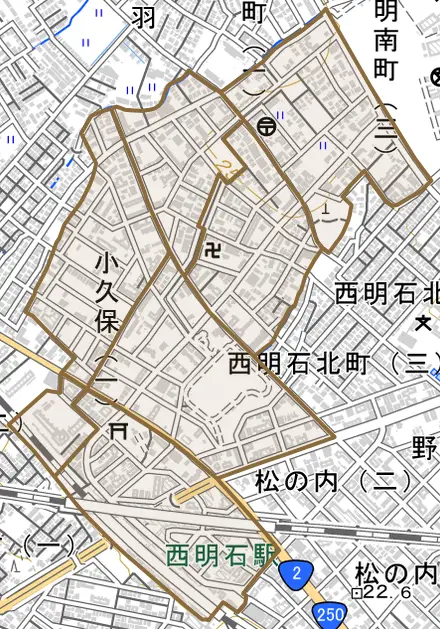 小久保とその周辺の地図。町の範囲を重ねている
