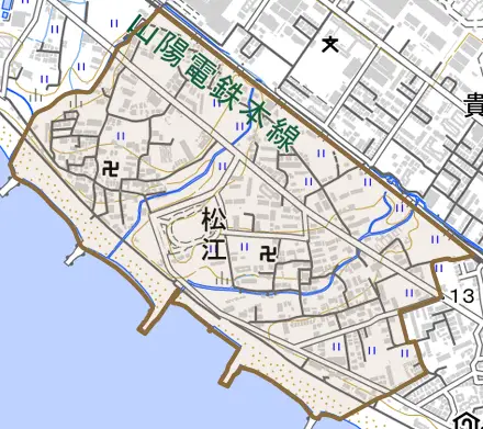 松江とその周辺の地図。町の範囲を重ねている
