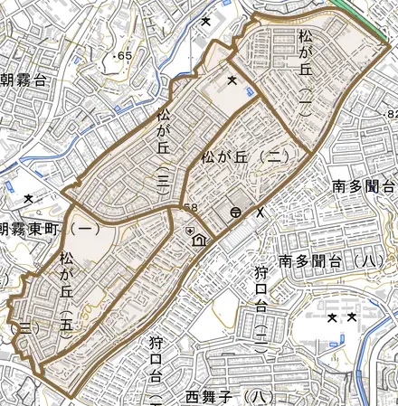 松が丘とその周辺の地図。町の範囲を重ねている