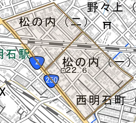 松の内とその周辺の地図。町の範囲を重ねている