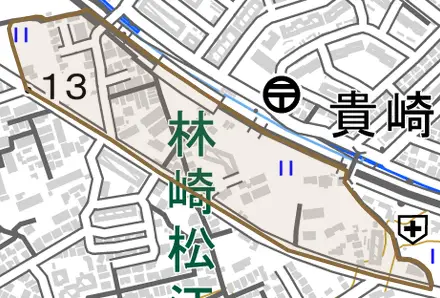 南貴崎町とその周辺の地図。町の範囲を重ねている