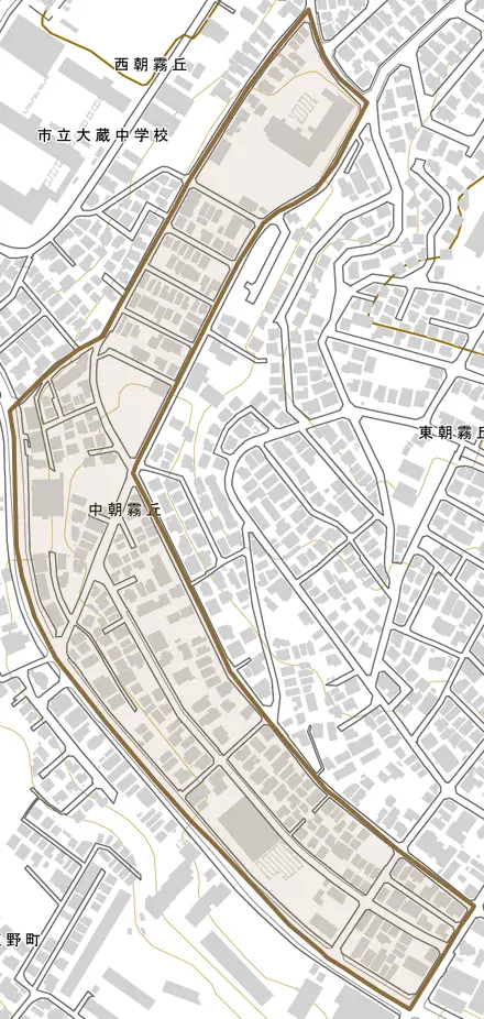 中朝霧丘とその周辺の地図。町の範囲を重ねている