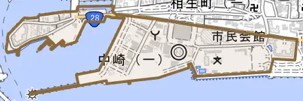 中崎とその周辺の地図。町の範囲を重ねている