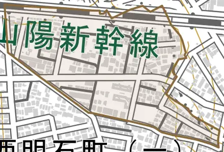 西明石東町とその周辺の地図。町の範囲を重ねている