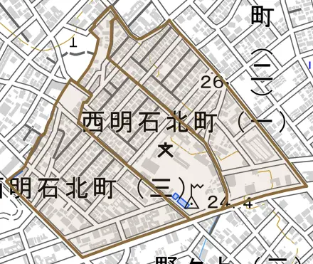 西明石北町とその周辺の地図。町の範囲を重ねている