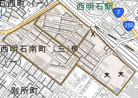 西明石南町とその周辺の地図。町の範囲を重ねている