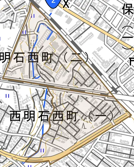 西明石西町とその周辺の地図。町の範囲を重ねている