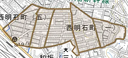 西明石町とその周辺の地図。町の範囲を重ねている