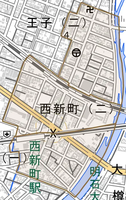 西新町とその周辺の地図。町の範囲を重ねている