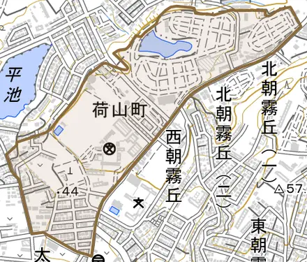 荷山町とその周辺の地図。町の範囲を重ねている