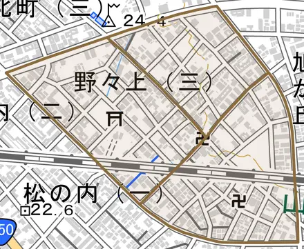 野々上とその周辺の地図。町の範囲を重ねている