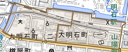 大明石町とその周辺の地図。町の範囲を重ねている