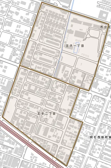 王子とその周辺の地図。町の範囲を重ねている