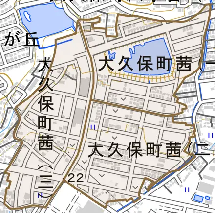 大久保町茜とその周辺の地図。町の範囲を重ねている