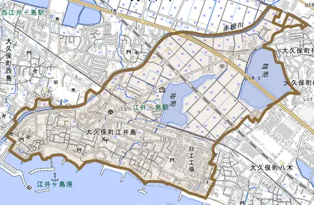 大久保町江井島とその周辺の地図。町の範囲を重ねている