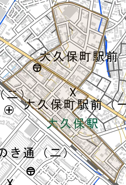 大久保町駅前とその周辺の地図。町の範囲を重ねている