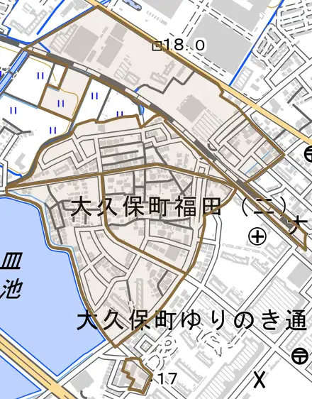 大久保町福田とその周辺の地図。町の範囲を重ねている