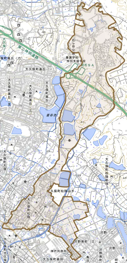 大久保町松陰とその周辺の地図。町の範囲を重ねている