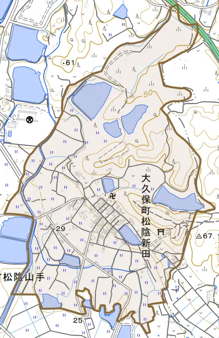 大久保町松陰新田とその周辺の地図。町の範囲を重ねている