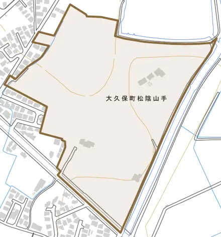 大久保町松陰山手とその周辺の地図。町の範囲を重ねている