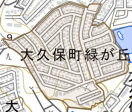 大久保町緑が丘とその周辺の地図。町の範囲を重ねている