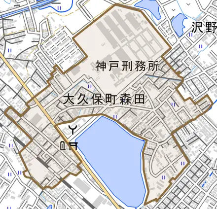 大久保町森田とその周辺の地図。町の範囲を重ねている
