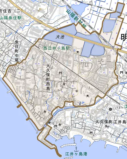 大久保町西島とその周辺の地図。町の範囲を重ねている