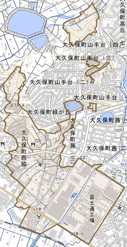 大久保町西脇とその周辺の地図。町の範囲を重ねている