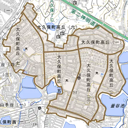 大久保町高丘とその周辺の地図。町の範囲を重ねている