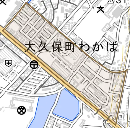 大久保町わかばとその周辺の地図。町の範囲を重ねている
