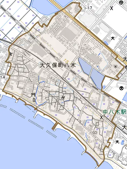 大久保町八木とその周辺の地図。町の範囲を重ねている