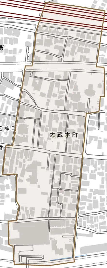 大蔵本町とその周辺の地図。町の範囲を重ねている