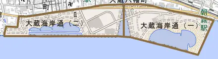 大蔵海岸通とその周辺の地図。町の範囲を重ねている