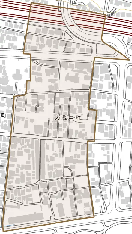 大蔵中町とその周辺の地図。町の範囲を重ねている