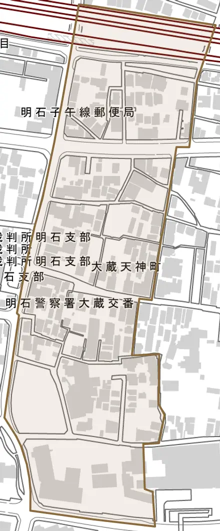 大蔵天神町とその周辺の地図。町の範囲を重ねている