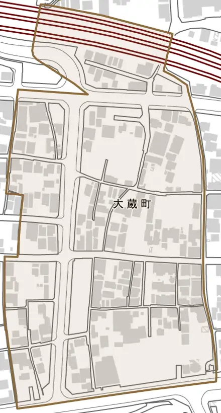 大蔵町とその周辺の地図。町の範囲を重ねている