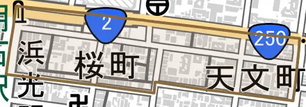 桜町とその周辺の地図。町の範囲を重ねている