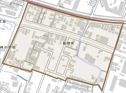 新明町とその周辺の地図。町の範囲を重ねている