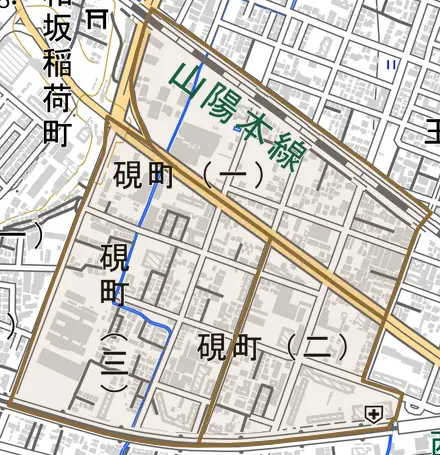硯町とその周辺の地図。町の範囲を重ねている
