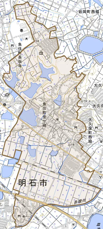 魚住町金ヶ崎とその周辺の地図。町の範囲を重ねている