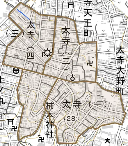 太寺とその周辺の地図。町の範囲を重ねている