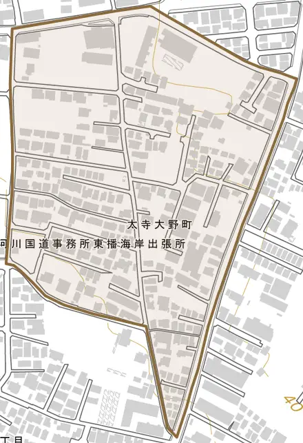 太寺大野町とその周辺の地図。町の範囲を重ねている