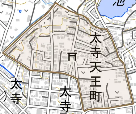 太寺天王町とその周辺の地図。町の範囲を重ねている