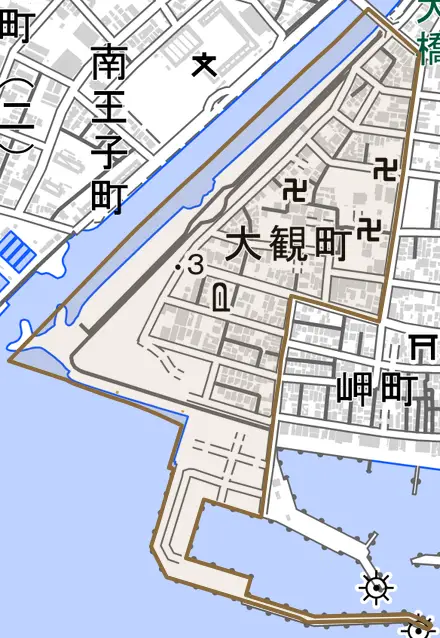 大観町とその周辺の地図。町の範囲を重ねている