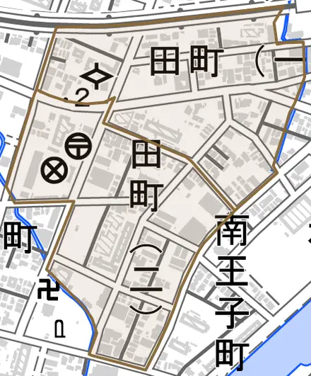 田町とその周辺の地図。町の範囲を重ねている
