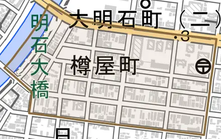 樽屋町とその周辺の地図。町の範囲を重ねている