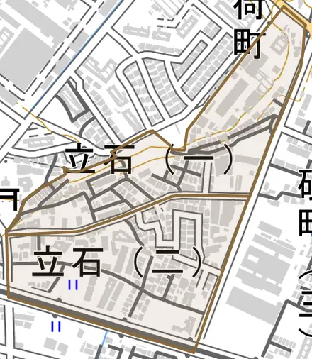 立石とその周辺の地図。町の範囲を重ねている